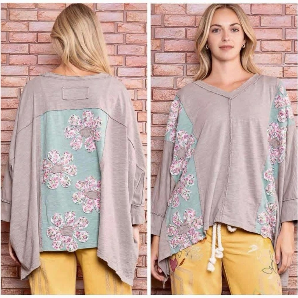 Blue Velvet Floral Patchwork V-Neck oversized top